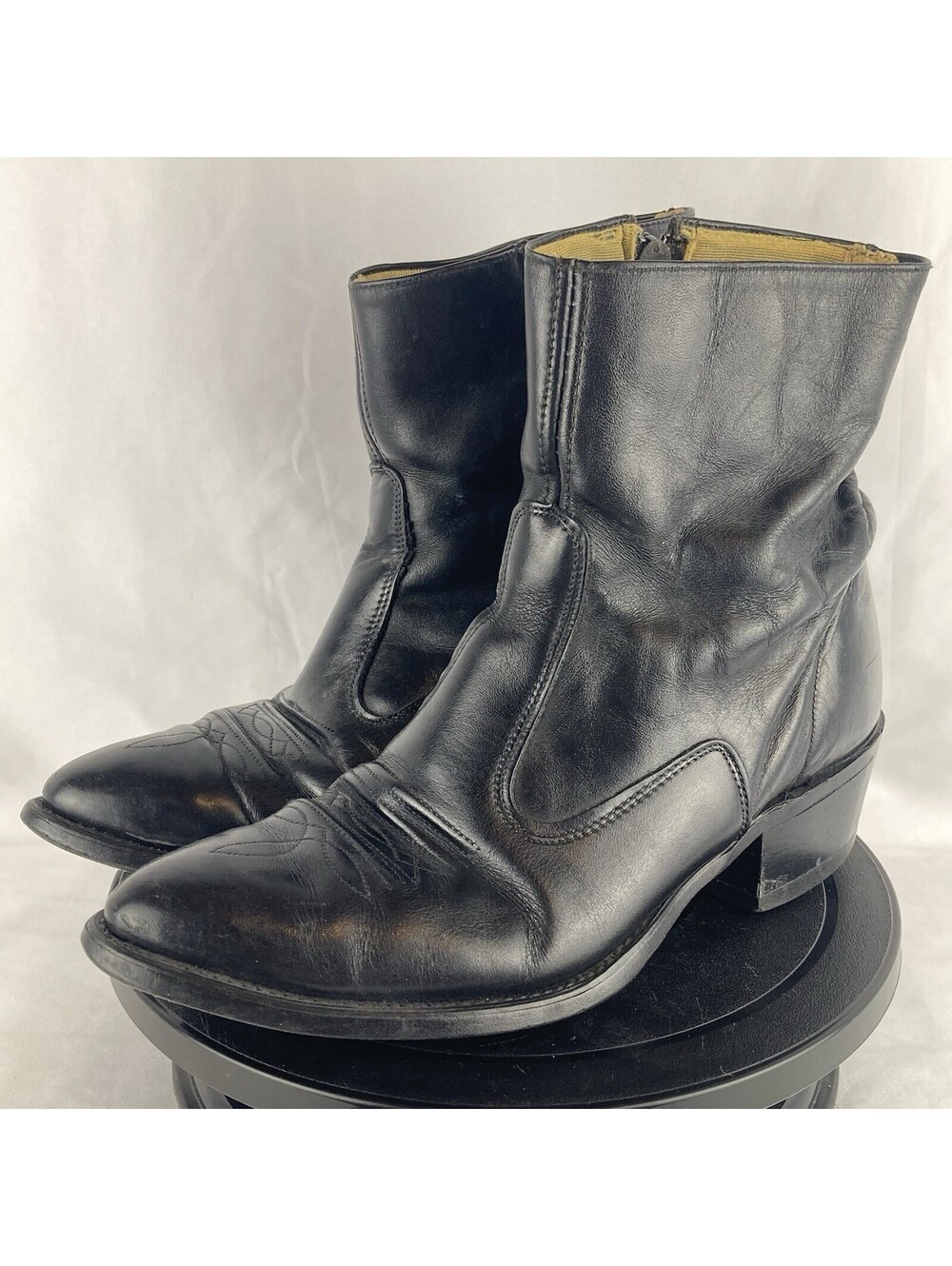 Men’s 9.5 D Vintage Texas Brand Black Leather Zip Ankle Cowboy Boots Pointed Toe